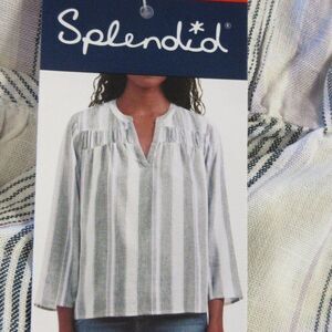 SPLENDID Linen Blend V-Neck Blouse Size M Grey Purple White Strip Shirt Top NWT